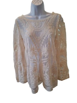 超粉色女式衬衫 M 码白色蕾丝刺绣长袖童话 — 第 1/4 张图片