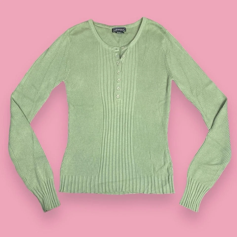 women’s Sz S Takeout vintage 90s green ribbed knit henley longsleeve top  - Image 1 of 4
