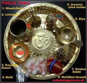 HINDU PUJA PRAYER AARTI BRASS OM GAYATRI THALI PLATE DIYA LOTA INCENSE BELL RARE - Picture 1 of 1