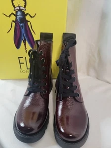 Boots Women's 8.5 FLY LONDON 39EU Burgundy Patent Leather Lace-Up NEW - Picture 1 of 9