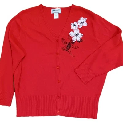 Suéter con botones Pendleton rojo para mujer XL vacaciones floral con cuentas detalle de encaje  Foto 1 de 4