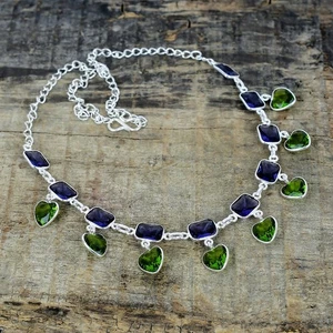 Unique Peridot, Amethyst Gemstone 925 Sterling Silver Handmade Jewelry Necklace - Picture 1 of 4