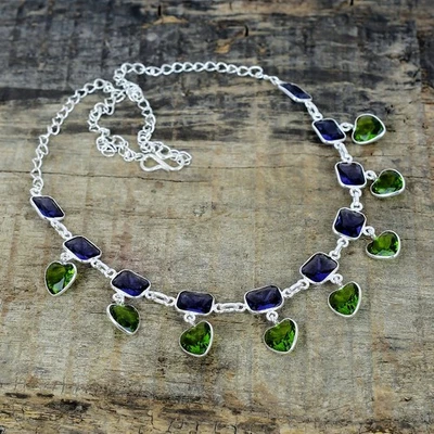 Unique Peridot, Amethyst Gemstone 925 Sterling Silver Handmade Jewelry Necklace - Image 1 of 4