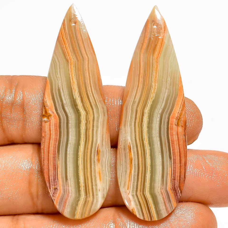 Banded Calcite Pear Cabochon Drilled Gemstone Pair 52.5 Ct 51X16X3mm DE151 - Image 1 of 1