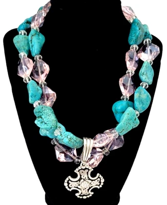 Colar de cruz celta folheado a prata com pedras preciosas e contas de vidro facetadas 18 polegadas - Imagem 1 de 4