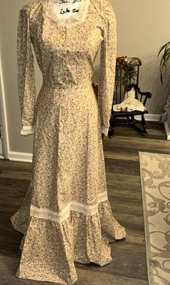 Старинный винтажный Gunne маленький домик на прерии хлопок Calico платье кружевной отделки - Изображение 1 из 4