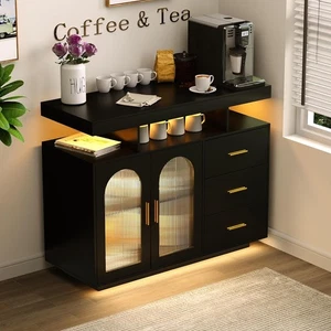 LED Kitchen Cabinet with Charging Function Kitchen Buffet with 3 Drawers Black - Picture 1 of 3
