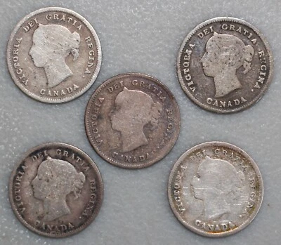 1891 Canada Silver 5 Cents Coin Lot Circulated Victoria 5c Five-Coin Lot Wear - Image 1 of 4