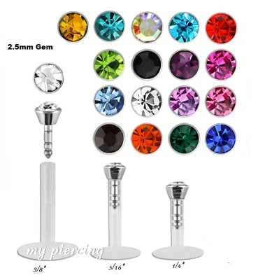 1 pieza. Labret Monroe Tragus de acero push-in Bio Flex 16 g 1/4" 5/16" con gema de 2,5 mm Foto 1 de 3