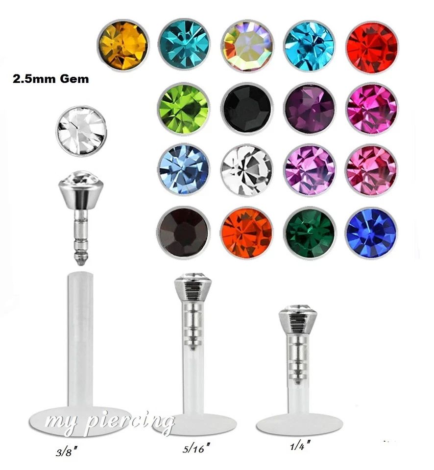 1 pieza. Labret Monroe Tragus de acero push-in Bio Flex 16 g 1/4" 5/16" con gema de 2,5 mm Foto 1 de 3