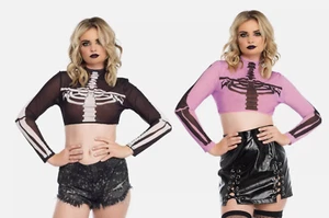 Skeleton Mesh Crop Top Sexy Costume Halloween Fancy Party Rave Black Purple 8283 - Picture 1 of 4