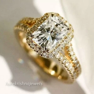 Radiant Cut 3.18CT Lab-Created Diamond Split Shank Halo Ring 14K Yellow Gold FN - Picture 1 of 7