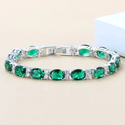 Pulsera Esmeralda Estilo Tenis Oro Blanco 14K Relleno y Diamantes/Creado en Laboratorio Foto 1 de 2