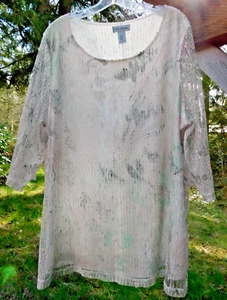 Catherines Lace Overlay Chiffon Top Plus 1X White Mesh Floral Clear Sequin - Picture 1 of 8