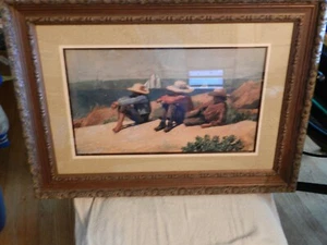 Nicely Framed Signed '75 print 3 Boys in Straw Hats On the Beach - Picture 1 of 12