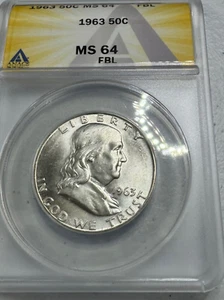 1963  Franklin US Half Dollar,   MS64 by ANACS,   FBL,   SUPERB & RARE coin!!!! - Picture 1 of 6