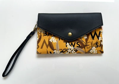 Handmade Canvas Convertible Envelope Wallet Clutch Mustard Yellow Floral 8" x 5" - Image 1 of 4