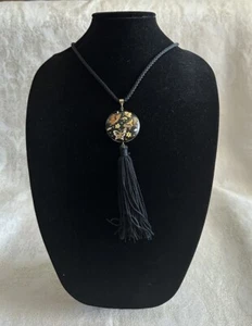 Vintage Chinese Cloisonné Pendant Tassel Necklace - Black Cord Butterfly Motif - Picture 1 of 6