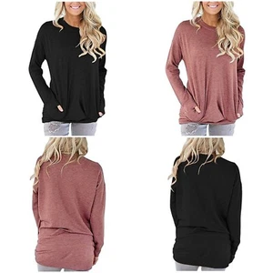 Women's Solid Color Round Neck Casual Loose Long Sleeve Shirt Top Soft Blouse - Picture 1 of 12