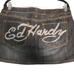 Vintage Ed Hardy Denim Minirock Damen 29 dunkelblau Spruch Strass - Bild 1 von 14