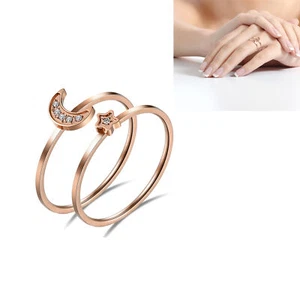 2pcs Moon Star Rosegold Stainless Steel Ring for Women Wedding Promise Band #6-9 - Picture 1 of 7