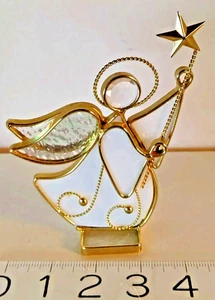 Stained Glass Tabletop Suncatcher Angel With Star White And Crystal - Picture 1 of 4