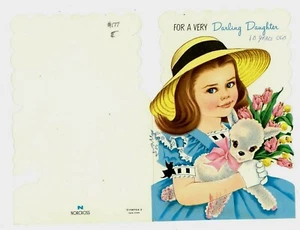 Tarjeta de felicitación de cumpleaños 1962 linda niña y cordero Norcross de colección troquelada usada brillo - Imagen 1 de 5