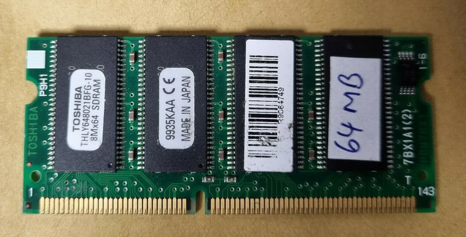 Toshiba 64MB SDR SDRAM 144 pin SO-DIMM PC100S latency CL2 laptop system memory - Image 1 of 1