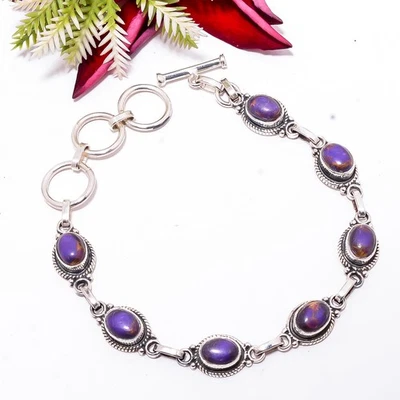 Pulsera ajustable de plata de ley 925 turquesa púrpura cobre 8,99" B83418 Foto 1 de 3
