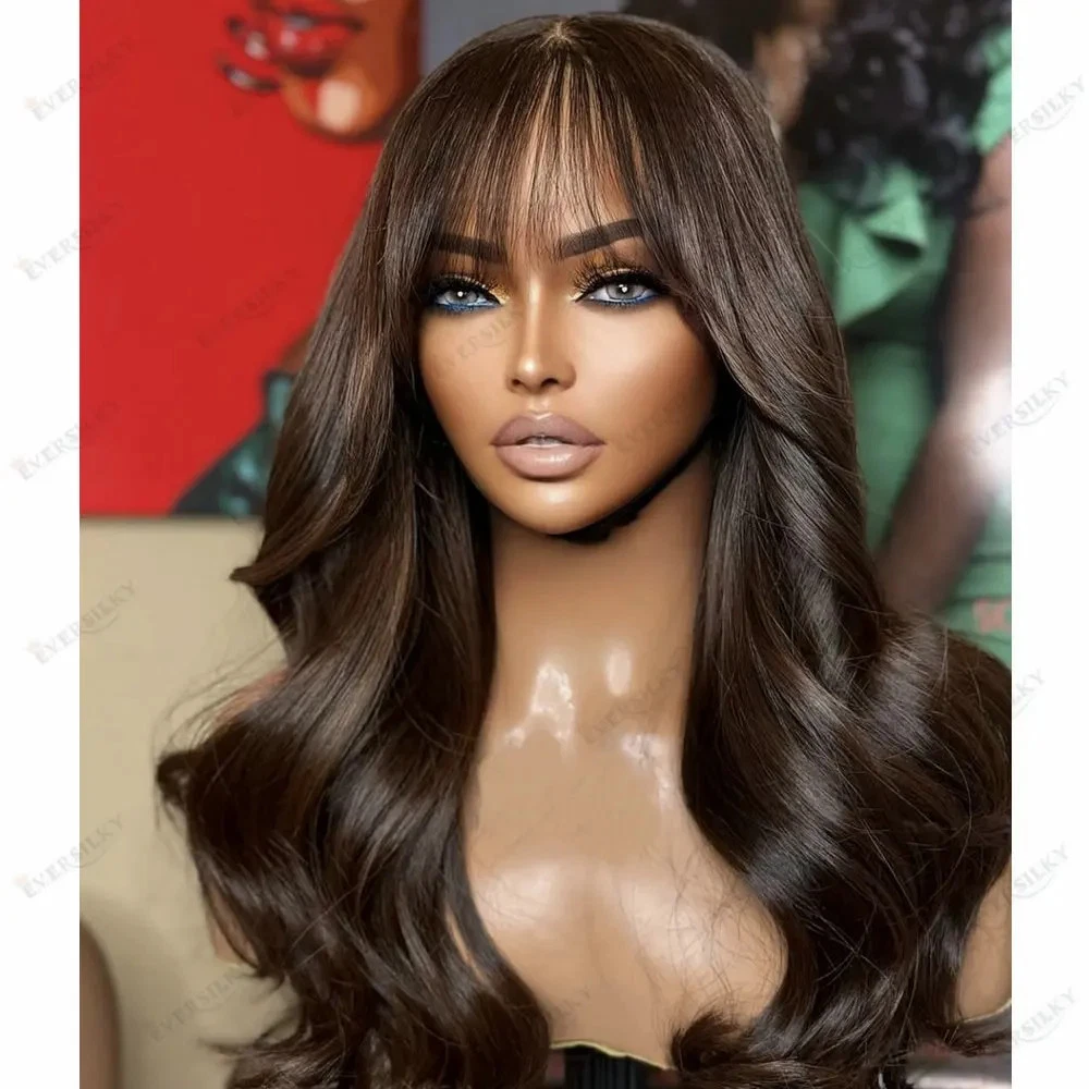 Chocolate Brown Lace Front Wig Human Hair With Bangs LWave
