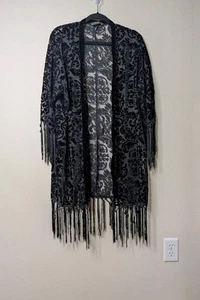ZARA Black Burnout Velvet Devore Kimono Style Blend Fransen Jacket M Robe C4 - Bild 1 von 9