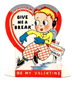 Tarjeta de San Valentín vintage, chica patinadora sobre hielo "Dame un descanso" - Imagen 1 de 4