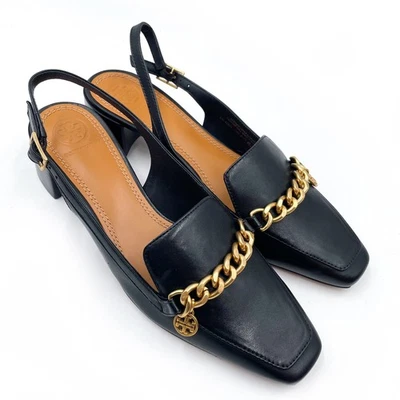 Tory Burch Mini Benton Charm Slingback Loafer Pumps Black Leather Chain Sz 7.5 - Image 1 of 4