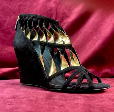 Chanel Black/Gold Suede Leather CC Strappy Wedge Sandals Size 40 Wedge 2010 Shoe - Image 1 of 4