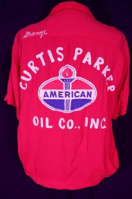Vintage 1960's Red American Oil Rayon Gabardine Embroidered Bowling Shirt M-L - Image 1 of 4