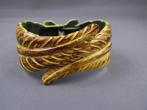leaf bracelet cuff Brown Cream carved hinged feather Leaves plastic bangle cuff - Picture 1 of 6