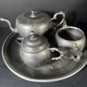 Antique 19th Century Huikee Swatow Pewter Chinese Dragon Tea Service Set - Picture 1 of 24