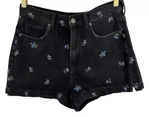American Eagle Womens Size 4 Black Denim Shorts Blue Embroidered Flowers - Picture 1 of 10