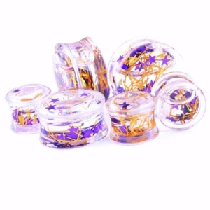 2X Blue Glitter Double Saddle Flesh Tunnel Acrylic Liquid Ear Lobe Plug Expander - Picture 1 of 29