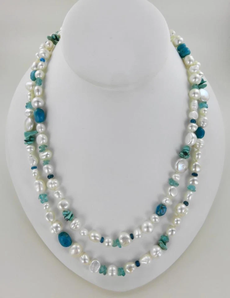 Honora 7-10 毫米白色珍珠项链绿松石水晶纯银 40 英寸带袋 — 第 1/4 张图片