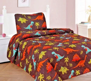 2/3 Piece Kids/Teens Soft Quilting Bedspread Bedding QUILT Set Dinosaur Brown - Picture 1 of 3