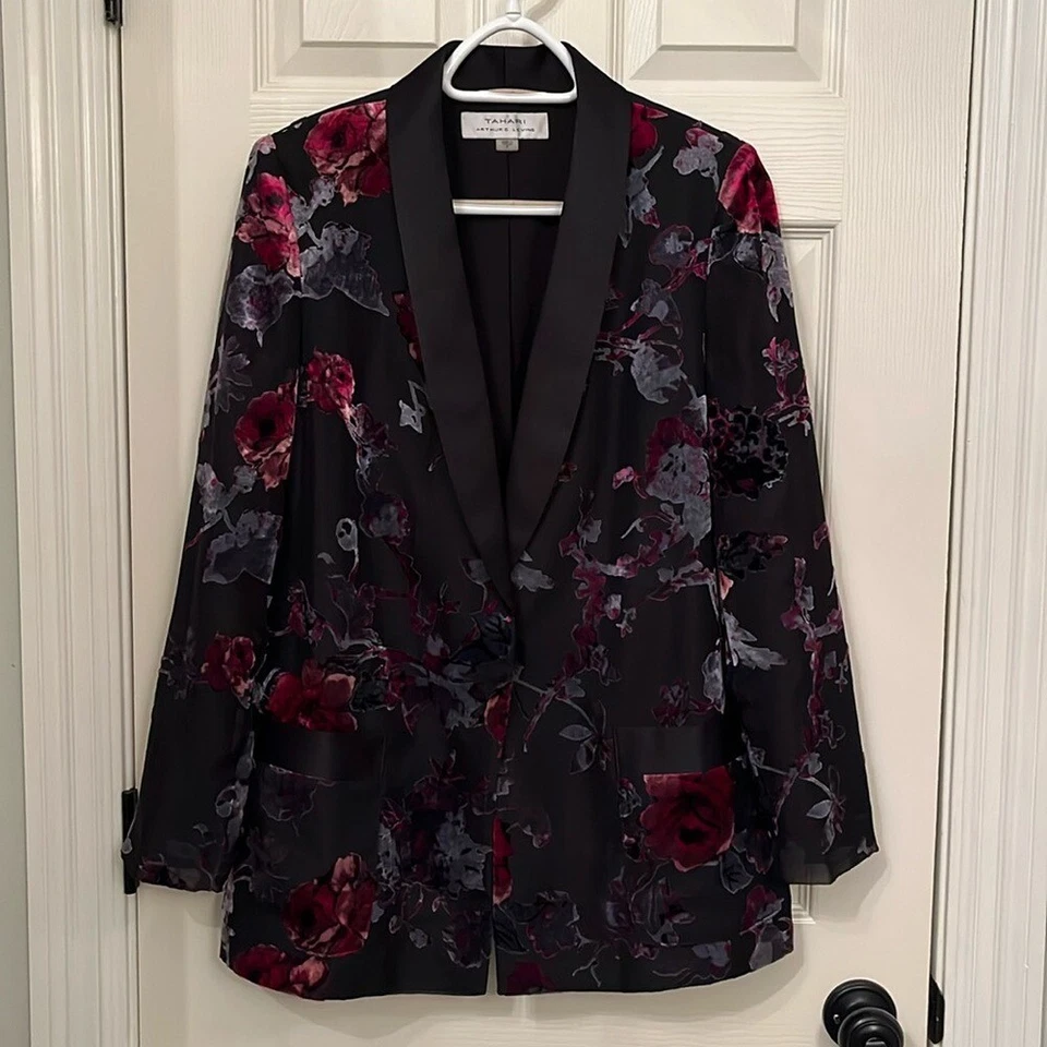 Tahari ASL Women's Black Floral Blazer Sz 6 Velvet One Button Pockets Workwear - Image 1 of 4