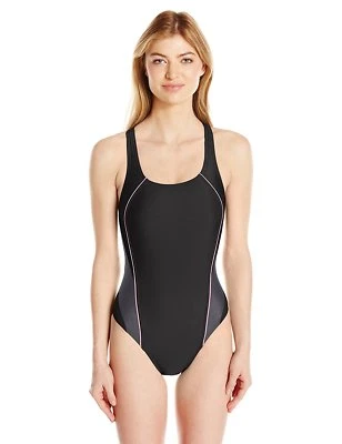 Traje de baño Speedo Pro Lt de una pieza con espalda caída para mujer, negro/rosa, talla 12/38 Foto 1 de 2