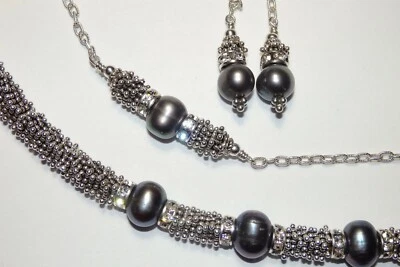 Juego de pulsera de collar con palanca de caviar de perlas de Tahití gris de plata de ley Foto 1 de 4