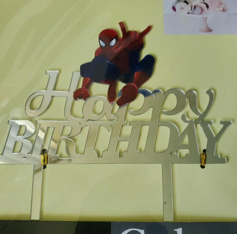 Spiderman Cake Topper, Happy Birthday Cake Topper, Silver Acrylic, Ships Free - Image 1 of 1