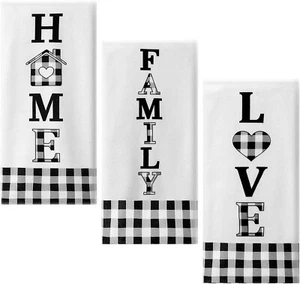 3 Pieces Buffalo Plaid Home Family Love Kitchen Towel Black and White Plaid Cute - Picture 1 of 1