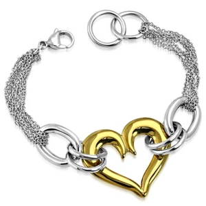 Pulsera de cadena de eslabones de corazón de amor de dos tonos de acero inoxidable, 7,5" - Imagen 1 de 2