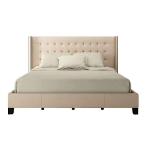 Wingback Platform Bed Frame King Size Button Tufted Headboard Solid Wood Beige - Picture 1 of 4