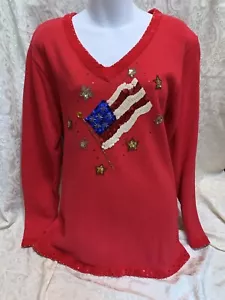 The Quacker Factory QVC Sweater Womans sz M Red Sequin Flag USA Pullover - Picture 1 of 11