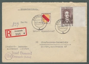 Franz. Zone - AllgAusg, 2.3.46, Grenzach, R-Brief, AKS Oberhausen-Osterfeld 1 - Bild 1 von 3